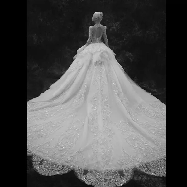 Luxury / Gorgeous White Beading Cascading Ruffles Wedding Dresses 2022 Ball Gown Scoop Neck Pearl Rhinestone Sequins Lace Flower Short Sleeve Backless Royal Train Wedding