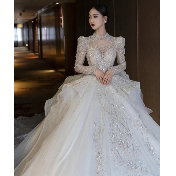 High-end White Cascading Ruffles Beading Pearl Rhinestone Sequins Wedding Dresses 2022 Ball Gown Scoop Neck Long Sleeve Backless Royal Train Wedding
