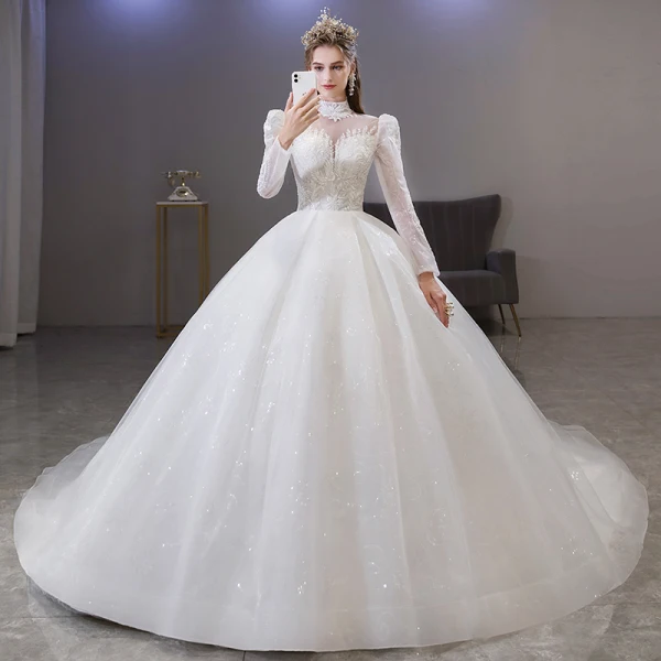 Elegant White Sequins Lace Flower Wedding Dresses 2022 Ball Gown High Neck Long Sleeve Backless Floor-Length / Long Wedding