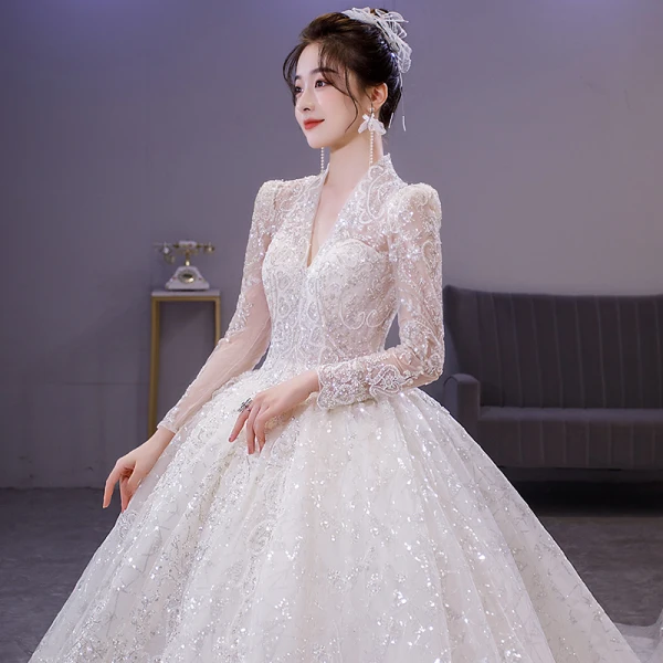 Sparkly White Beading Rhinestone Pearl Sequins Wedding Dresses 2022 Ball Gown V-Neck Long Sleeve Backless Royal Train Wedding