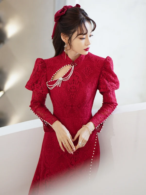 Chic / Beautiful Burgundy Lace Flower Cheongsam Evening Dresses 2022 Trumpet / Mermaid High Neck Beading Pearl Long Sleeve Backless Court Train Evening Party Formal Dresses