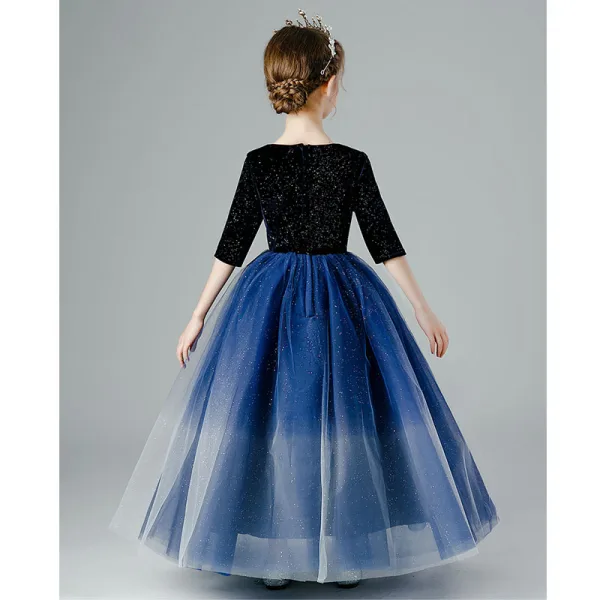 Elegant Navy Blue Gradient-Color Sequins Flower Girl Dresses 2022 Ball Gown V-Neck 1/2 Sleeves Floor-Length / Long Birthday Flower Girl Dresses