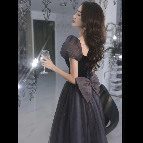 Elegant Purple Glitter Prom Dresses 2022 A-Line / Princess Square Neckline Puffy Short Sleeve Backless Bow Floor-Length / Long Formal Dresses