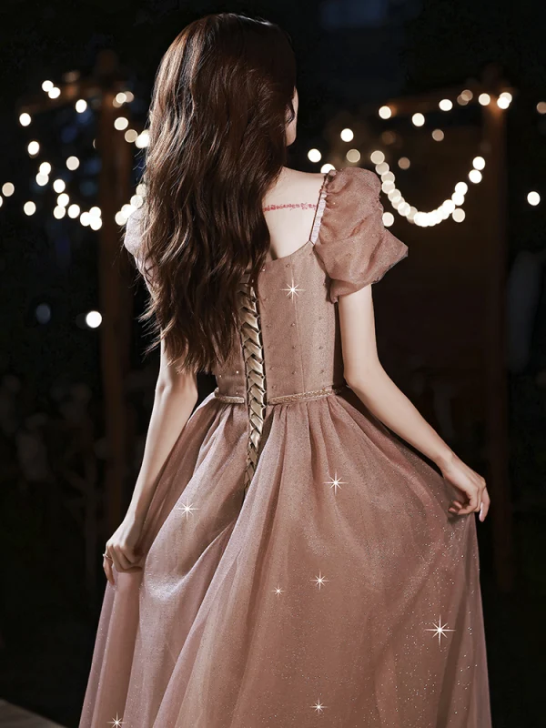 Charmant Rose Bonbon Glitter Faux Diamant Robe De Bal 2022 Princesse De l'épaule Manches Courtes Dos Nu Longue Robe De Ceremonie