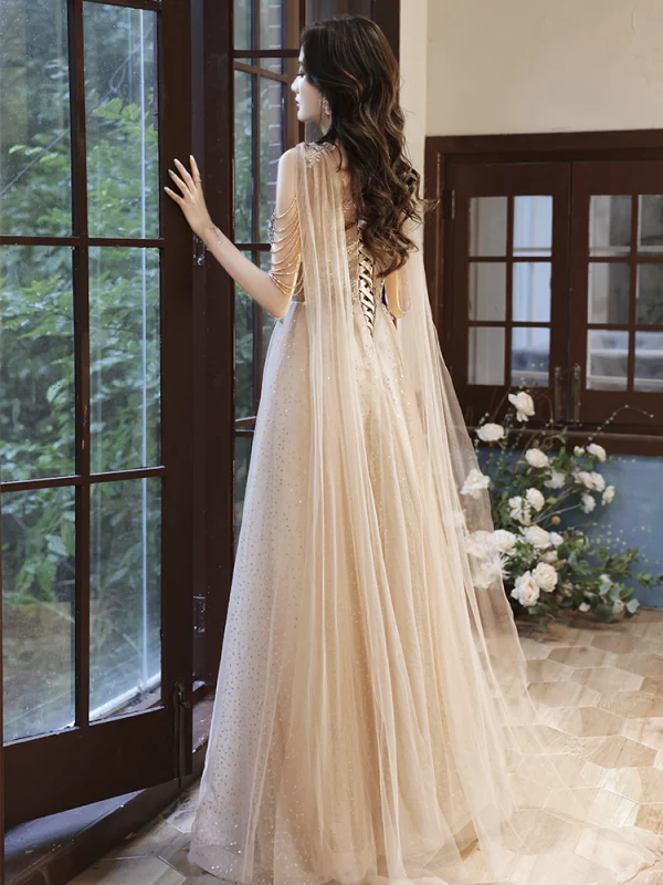 Sparkly Champagne Beading Rhinestone Sequins Prom Dresses 2022 A-Line / Princess V-Neck Lace Flower Sleeveless Backless Floor-Length / Long Formal Dresses
