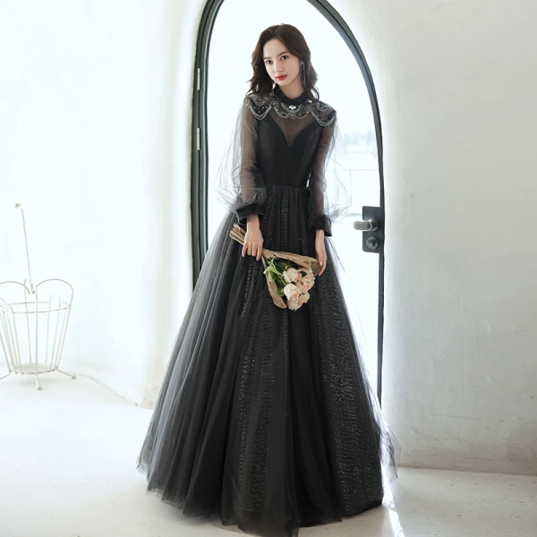 Chic / Belle Noire Perlage Faux Diamant Paillettes Robe De Bal 2022 Princesse Encolure Dégagée Manches Longues Dos Nu Longue Robe De Ceremonie