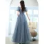 Chic / Beautiful Pool Blue Glitter Sequins Prom Dresses 2022 A-Line / Princess V-Neck Puffy Short Sleeve Backless Floor-Length / Long Formal Dresses