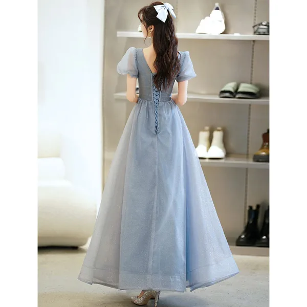 Chic / Belle Bleu Ciel Perlage Paillettes Robe De Bal 2022 Princesse V-Cou Manches Courtes Dos Nu Longue Robe De Ceremonie