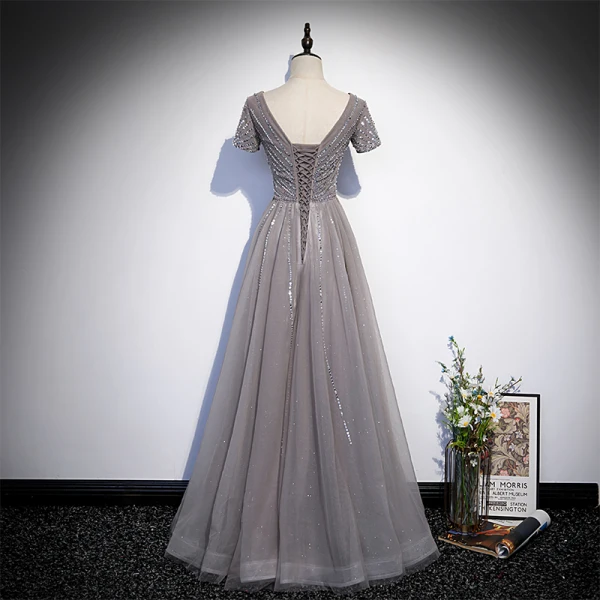 Elegant Grey Beading Sequins Prom Dresses 2022 A-Line / Princess V-Neck Short Sleeve Backless Floor-Length / Long Formal Dresses