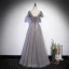 Elegant Grey Beading Sequins Prom Dresses 2022 A-Line / Princess V-Neck Short Sleeve Backless Floor-Length / Long Formal Dresses