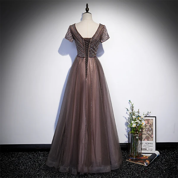 Chic / Beautiful Brown Beading Sequins Prom Dresses 2022 A-Line / Princess Scoop Neck Short Sleeve Backless Floor-Length / Long Formal Dresses