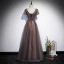 Chic / Beautiful Brown Beading Sequins Prom Dresses 2022 A-Line / Princess Scoop Neck Short Sleeve Backless Floor-Length / Long Formal Dresses