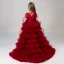 Chic / Beautiful Burgundy Cascading Ruffles Birthday Flower Girl Dresses 2022 Scoop Neck Ball Gown Lace Flower Short Sleeve Sweep Train Flower Girl Dresses