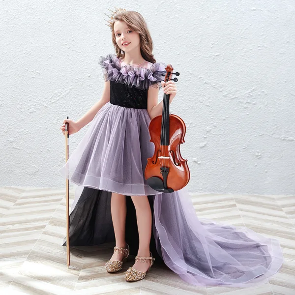 Chic / Beautiful Lavender Sequins Birthday Flower Girl Dresses 2022 A-Line / Princess Scoop Neck Ruffle Short Sleeve Court Train Flower Girl Dresses