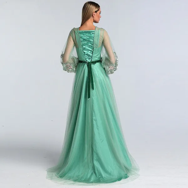 Flower Fairy Sage Green Prom Dresses 2022 A-Line / Princess Scoop Neck Lace Flower Long Sleeve Floor-Length / Long Formal Dresses