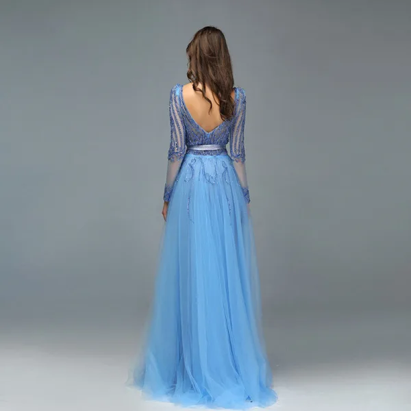 Sexy Bleu Perlage Faux Diamant Paillettes Robe De Soirée 2022 Trompette / Sirène Col v profond Manches Longues Dos Nu Ceinture Longue Soirée Robe De Ceremonie