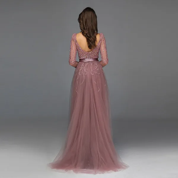 Haut de Gamme Rose Sombre Perlage Paillettes Robe De Soirée 2022 Trompette / Sirène Col v profond Ceinture Manches Longues Dos Nu Longue Soirée Robe De Ceremonie
