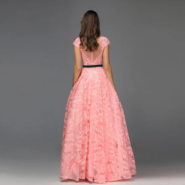 Chic / Beautiful Candy Pink Leaf Lace Prom Dresses 2022 A-Line / Princess Scoop Neck Sleeveless Floor-Length / Long Formal Dresses