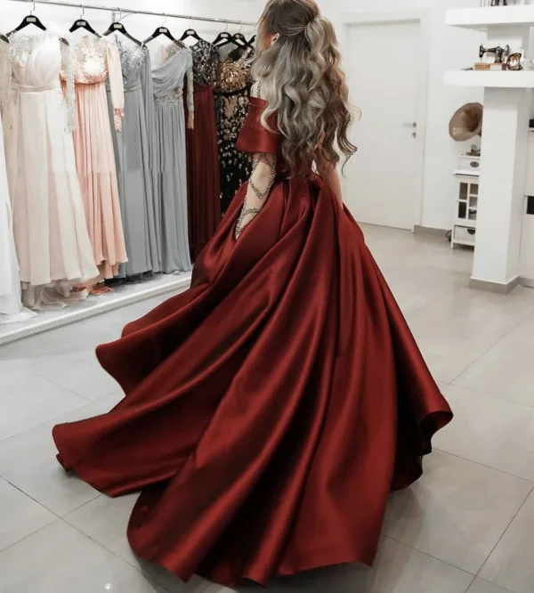 High-end Burgundy Satin Prom Dresses 2022 A-Line / Princess One-Shoulder Beading Rhinestone Sequins Long Sleeve Backless Split Front Floor-Length / Long Formal Dresses