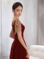 Chic / Beautiful Burgundy Suede Velour Evening Dresses 2022 A-Line / Princess High Neck Beading Pearl Rhinestone Short Sleeve Floor-Length / Long Evening Party Formal Dresses