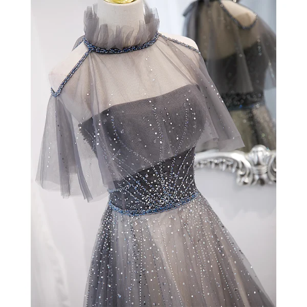 Charming Grey Prom Dresses 2022 A-Line / Princess High Neck Beading Rhinestone Sleeveless Backless Floor-Length / Long Formal Dresses