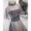 Charming Grey Prom Dresses 2022 A-Line / Princess High Neck Beading Rhinestone Sleeveless Backless Floor-Length / Long Formal Dresses