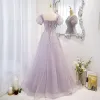 Chic / Beautiful Lavender Beading Sequins Prom Dresses 2022 A-Line / Princess Square Neckline Puffy Short Sleeve Backless Floor-Length / Long Formal Dresses