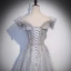 Sparkly Grey Beading Pearl Sequins Prom Dresses 2022 A-Line / Princess Off-The-Shoulder Short Sleeve Backless Floor-Length / Long Formal Dresses