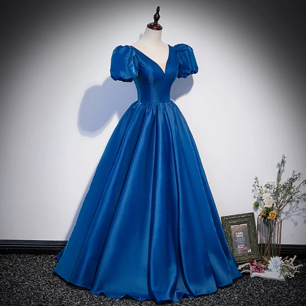 Royal Blue Vintage Retro Satin Prom Dresses 2022 Ball Gown Deep V-Neck Puffy Short Long