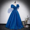 Royal Blue Vintage / Retro Satin Prom Dresses 2022 Ball Gown Deep V-Neck Puffy Short Sleeve Backless Floor-Length / Long Formal Dresses