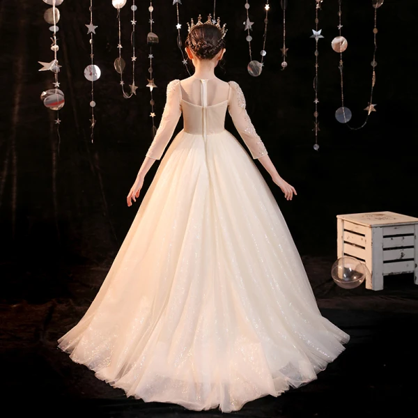 Chic / Beautiful Champagne Beading Sequins Birthday Flower Girl Dresses 2022 Ball Gown Scoop Neck 3/4 Sleeve Sweep Train Flower Girl Dresses