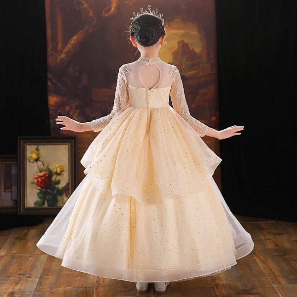 Chic / Beautiful Champagne Cascading Ruffles Birthday Flower Girl Dresses 2022 Ball Gown High Neck Beading Sequins Long Sleeve Backless Floor-Length / Long Flower Girl Dresses