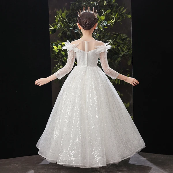 Chic / Beautiful White Birthday Flower Girl Dresses 2022 Ball Gown Scoop Neck Beading Sequins Lace Flower 3/4 Sleeve Floor-Length / Long Flower Girl Dresses
