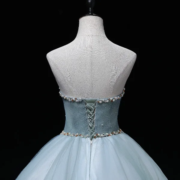 Chic / Beautiful Sky Blue Pearl Sequins Prom Dresses 2022 Ball Gown Strapless Sleeveless Backless Floor-Length / Long Formal Dresses