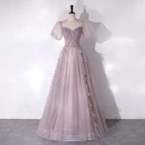 Chic Beautiful Lavender Glitter Beading Prom Dresses 2024 A Line Princess Square Neckline Short Sleeve Backless Floor Length Long Prom Formal Dresses