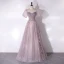 Chic / Beautiful Lavender Glitter Beading Prom Dresses 2024 A-Line / Princess Square Neckline Short Sleeve Backless Floor-Length / Long Prom Formal Dresses