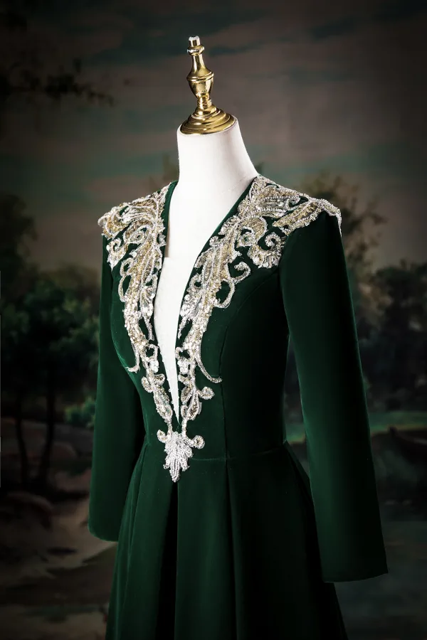 Vintage / Retro Dark Green Beading Sequins Velvet Prom Dresses 2025 A-Line / Princess V-Neck Long Sleeve Floor-Length / Long Prom Formal Dresses