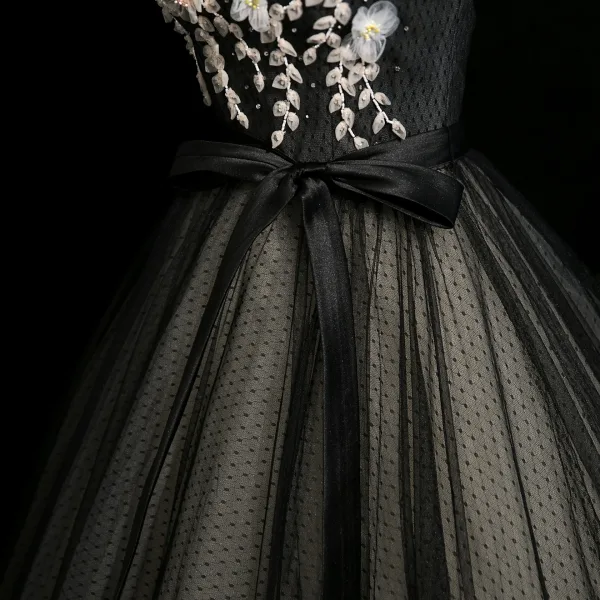 Élégant Noire Appliques Noeud Ceinture Robe De Bal 2025 Robe Boule Encolure Carrée Gonflée Manches Courtes Dos Nu Longue Robe De Ceremonie