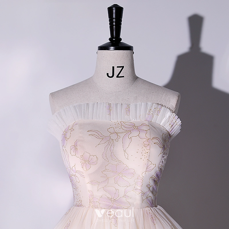 Flower Fairy Champagne 3D Lace Embroidered Floral Prom Dresses