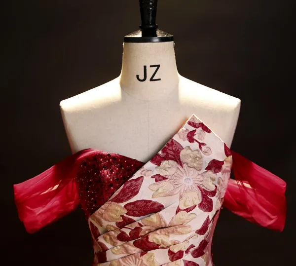 Chic / Beautiful Red Beading Pearl Sequins Printing Prom Dresses 2023 Ball Gown Off-The-Shoulder Sleeveless Backless Floor-Length / Long Prom Formal Dresses
