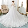 Elegant Ivory Wedding Dresses 2018 Ball Gown Lace Appliques See-through Scoop Neck Backless Long Sleeve Cathedral Train Wedding