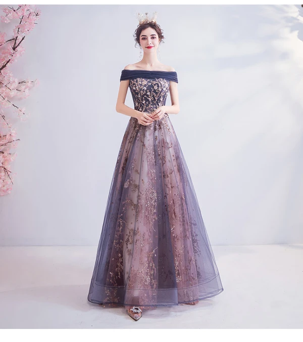 Edles Marineblau Ballkleider 2020 A Linie Off Shoulder Glanz Perlenstickerei Strass Pailletten Applikationen Ärmellos Rückenfreies Lange Festliche Kleider
