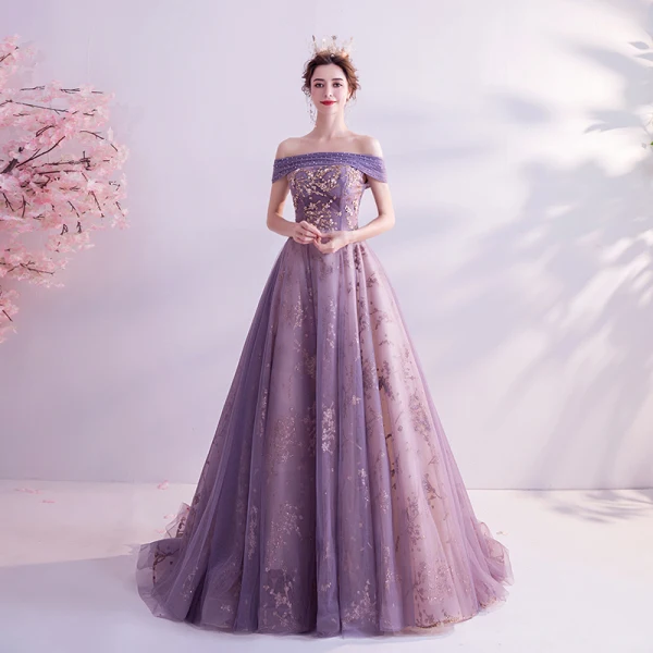 Charming Purple Prom Dresses 2020 A-Line / Princess Off-The-Shoulder Glitter Beading Pearl Rhinestone Sequins Sleeveless Backless Court Train Formal Dresses