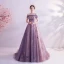 Charming Purple Prom Dresses 2020 A-Line / Princess Off-The-Shoulder Glitter Beading Pearl Rhinestone Sequins Sleeveless Backless Court Train Formal Dresses