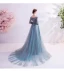 Classy Pool Blue Prom Dresses 2020 A-Line / Princess Spaghetti Straps Sequins Lace Flower Long Sleeve Backless Court Train Formal Dresses