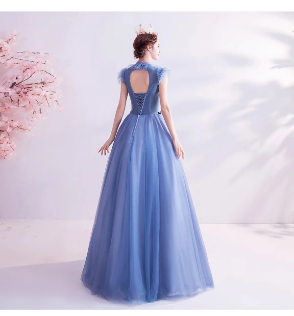 Vintage / Retro Ocean Blue Prom Dresses 2020 A-Line / Princess High Neck Bow Lace Flower Appliques Sleeveless Backless Floor-Length / Long Formal Dresses