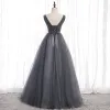 Chic / Beautiful Grey Prom Dresses 2020 A-Line / Princess V-Neck Beading Crystal Sleeveless Backless Floor-Length / Long Formal Dresses