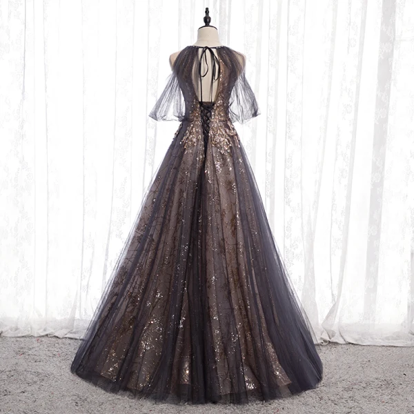 Charming Black Gold Glitter Prom Dresses 2020 A-Line / Princess Scoop Neck Beading Crystal Sequins Sleeveless Backless Floor-Length / Long Formal Dresses