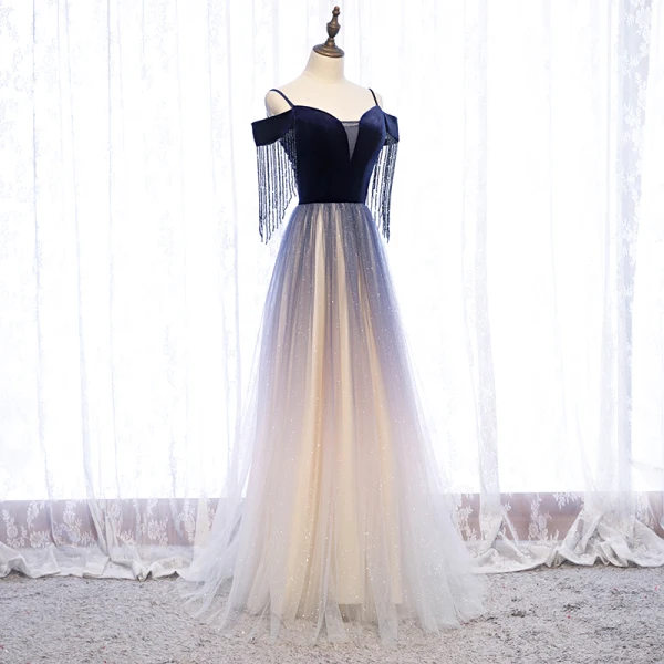Charmant Bleu Marine Dégradé De Couleur Glitter Robe De Soirée 2020 Princesse Daim Bretelles Spaghetti Perlage Gland Manches Courtes Dos Nu Longue Robe De Ceremonie