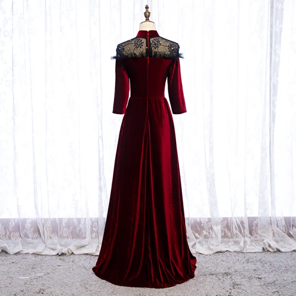 Elegant Burgundy Evening Dresses 2020 A-Line / Princess Suede High Neck Beading Rhinestone 3/4 Sleeve Floor-Length / Long Formal Dresses